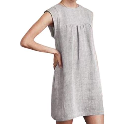 Summer Dress Women Clothing Linen Mini Dresses Round Neck Short Sleeve Stitching Casual Loose Solid Color Dress For Woman Robes