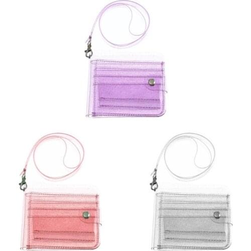 N7MF Portable Women Clear Wallet Lanyard Cute Glitter Bifold Purse Card Holder Pouch