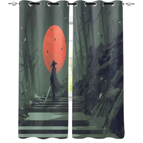 Samurai Forest Red Moon Window Curtains Home Decor Curtains for Living Room Kitchen Items Drapes Curtains for Bedroom
