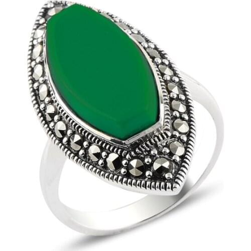 Silver 925 Sterling Green Agate & Marcasite Ring