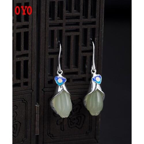 S925 silver inlaid Hetian jade earrings female retro Chinese style costume Hanfu floral earrings