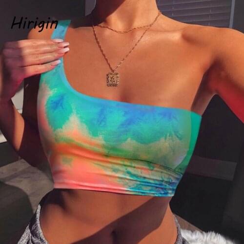 Chic Fashion Tie Dye Print One Shoulder Sexy Short Tank Tops Summer Female Sleeveless Festival Crop Tops Vest Short Streetwear