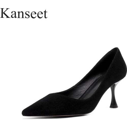 Kanseet New Point Toe Shallow Women Pumps Spring Autumn Party Dress Shoes Black Genuine Leather Elegant High Heels Female Shoes