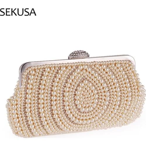 Pearl Women Evening Bags Diamonds Beading Ladies Wedding Bridal Day Clutch New Vintage Design Purse