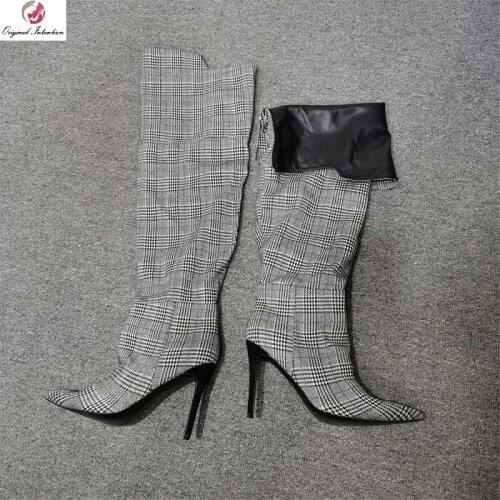 Womens Over The Knee Boots Winter Gingham Thigh High Boots 2020 Elegant Canvas Pointed Toe High Heels Woman Shoes Botas Mujer