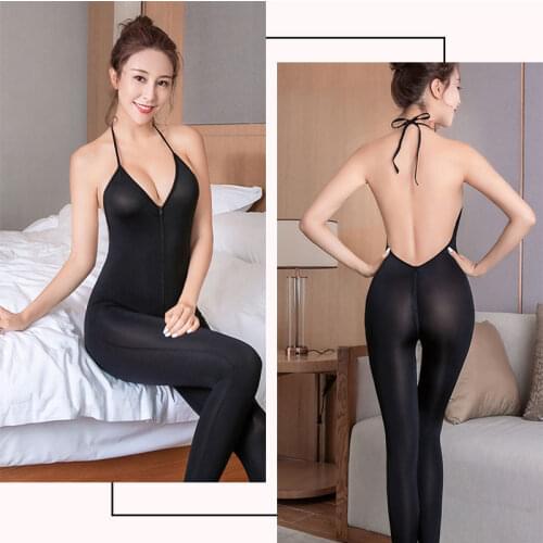 Sexy Bodysuit Deep V Neck Backless Jumpsuit Women Zipper Crotch Bandage Bodycon Glossy monos mujer Crotchless Femme Bodysuit