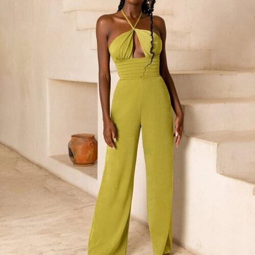 Women Jumpsuit Halter Hollow Out Backless Solid Color Bodycon Sexy Elegant Club Outfits 2021 Summer