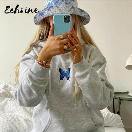 Butterfly Embroidery Pullover Womens White Sweatshirt Hoodies Loose Oversized Casual Pocket Streetwear 2020 Autumn Winter Tops