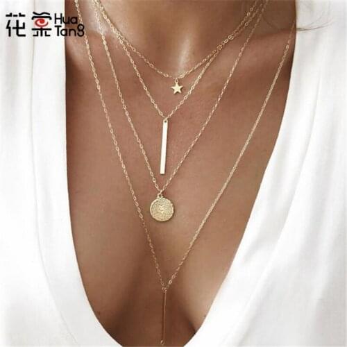 HuaTang Bohemia Style Gold Chain Necklace Simple Wafer Pendant Necklaces for Women Girl Layered Necklace Jewelry Statement 3869