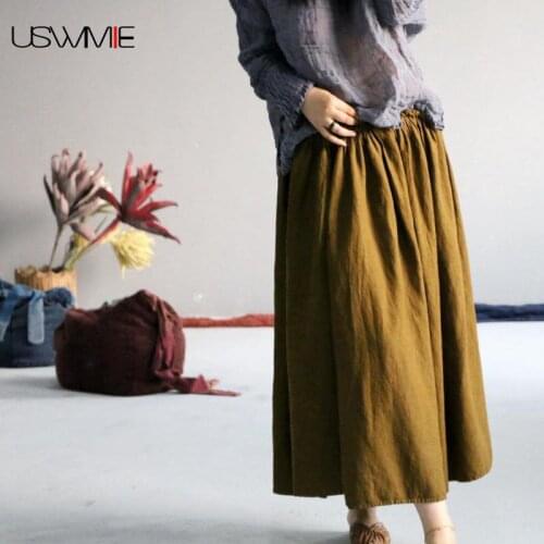 Free Shipping Women Skirt Spring Summer Art Retro Linen Casual Solid Color Elastic Waist Thin Section Comfort Skirt