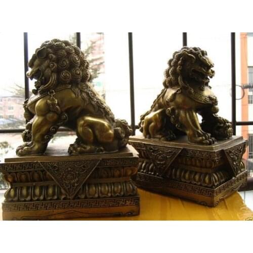 Large A Pair Bronze Chinese Lion Foo Dog Statue Figure Sculpture Height 24CM