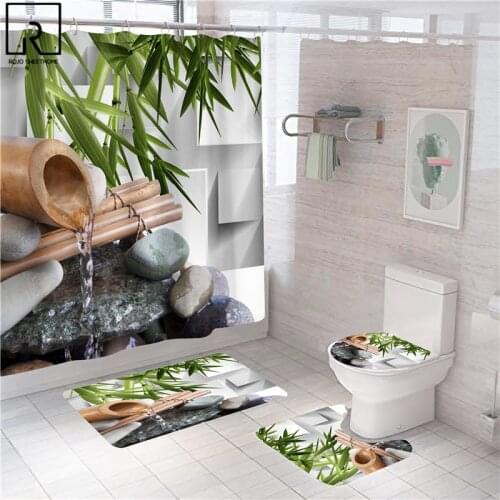 Bamboo and Stone Print Decorative Shower Curtain Inner Peace Bathroom Curtains Green Bath Mat Set Toilet Carpet Japanese Decor