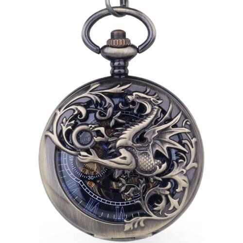 20pcs/lot Double Opened Flying Dragon Watch Necklace Hollowed Roman Dial Vintage Bronze Mechanical Pocket Watch