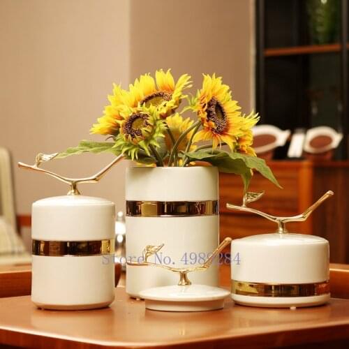 Creativity Ceramic Vase Golden with Cover Golden Branches Modern Home Desktop Flower Arrangement Decoration Flower Vases