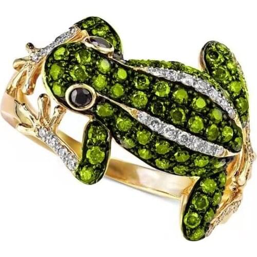 Fashion Lovely Frog Womens Ring Inlaid Green White Crystal Rhinestone Zircon Metal Finger Ring for Party Jewelry Size 5-11
