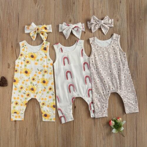 0-24M Newborn Baby Cute Jumpsuit Toddler Boy Girl Sunflower/Rainbow/Daisy O-neck Straps Romper with Long Trousers+Headband