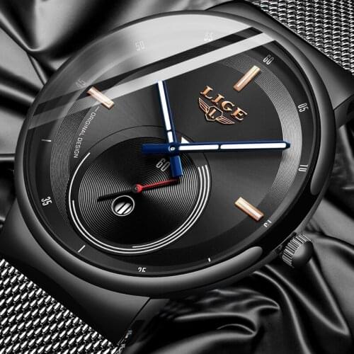 LIGE Mens Watches 2020 New Fashion Casual Black Quartz Watch Men Unique Dial Sport Waterproof Male Clock Relogio Masculino+Box