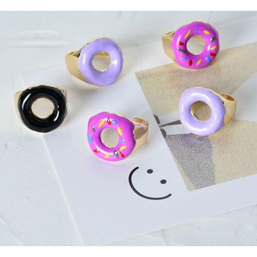 Juorest Cute Korean Doughnuts Rings Sweet Colorful Adjustable Gold Metal Rings Trendy Interesting Women Summer Party Rings Gift
