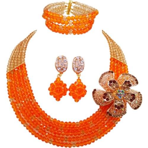 Fashion Champagne Gold Orange Costume Statement Necklace African Wedding Beads Nigerian Jewelry Beds Set 5L-ZJ025
