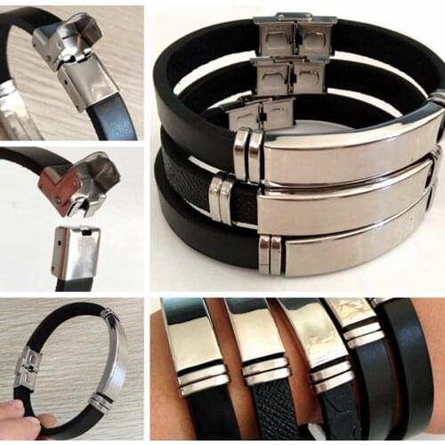 New 12pcs High Quality Mens Black Leather Stainless Steel Bracelets Sport Cool Wristbands Boy Cuff Bangle Birthday Party Gift