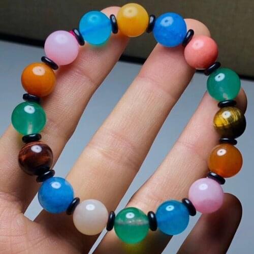 10mm 12mm Natural Rainbow Different Mixed Stone Chalcedony Aquamarine Amazonite Rose Quartz Agate Round Beads Bracelet AAAAA