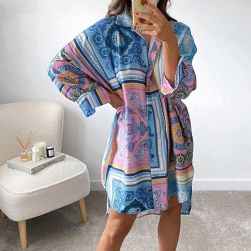 Uclio Summer Long Sleeve Shirt Dress Women V Neck Y2K Print Loose Beach Sexy Party Casual Dresses