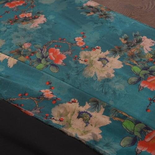 105CM Wide 20MM Red Floral Print Blue Green Gambiered Guangdong Silk Fabric for Summer Spring Dress Shirt H210
