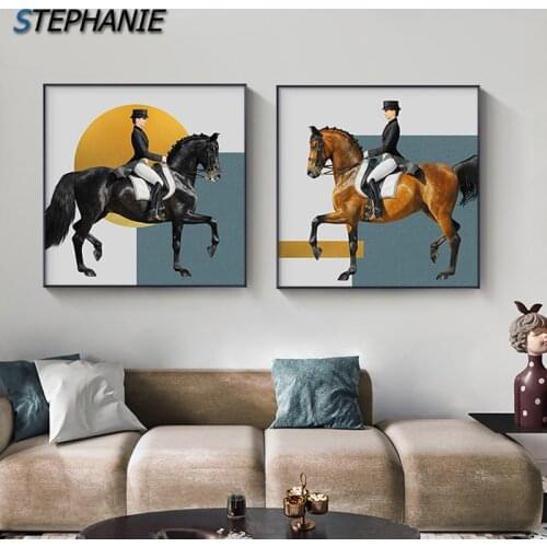 Nordic Blue Yellow Canvas Painting Knight Horse Wall Art Posters Prints for Living Room Aisle Modern Home Decoration Big Picture