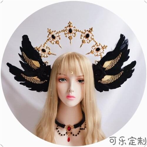 Gothic Style Lolita Black Rose Devil Feather Wings Goddess Sun Halo Crown Headband Gorgeous Vintage Mary Baroque Tiara Headwear