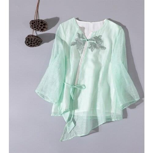 Chinese Style Traditional Big Size Cheongsam Original Design Irregular Embroidery Top Retro Solid Linen Tea Set Breathable 2021