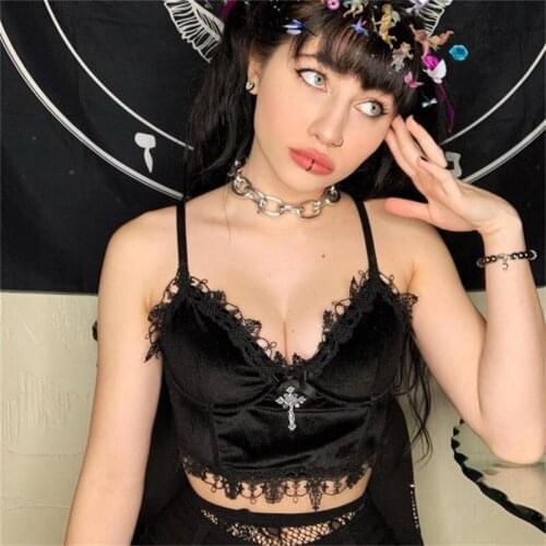 Vintage Velvet Y2K Mall Goth Crop Tops Punk Sexy Lace Camisole Women Corset Spaghetti Strap Camis Aesthetic Elegant Streetwear