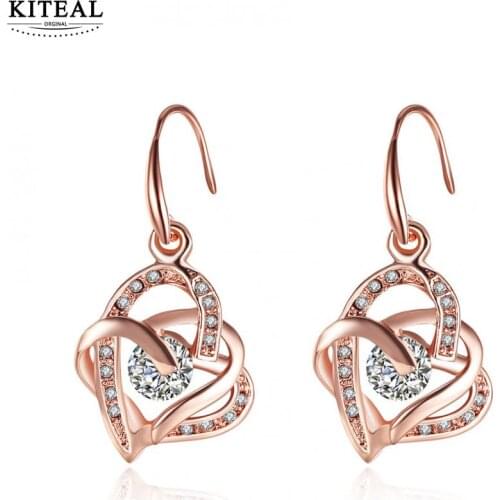 Top quality rose gold color earings double Love heart crystal drop earrings ear cuff women mothers day gifts for mom Love