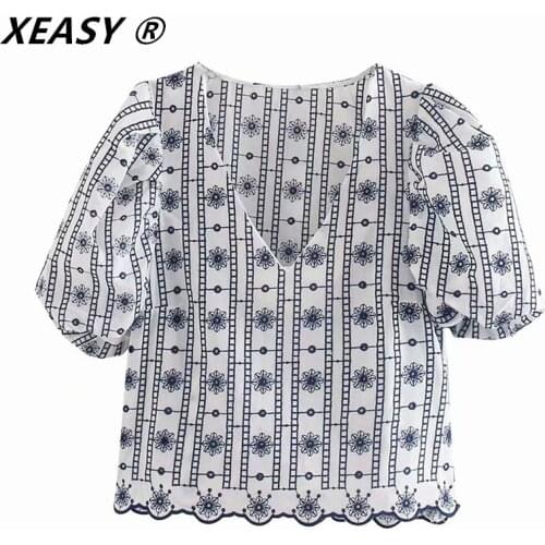 XEASY Women 2021 Casual Floral Embroidery Pullover Blouse Puff Sleeve Elegant Embroidered Tops Summer V neck Shirts