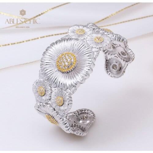 Yellow Gold Two Tone Daisy Blossoms Wedding Bangle 925 Silver Nature Flowers Visible Bracelets Bridal Renaissance Fine Jewelry