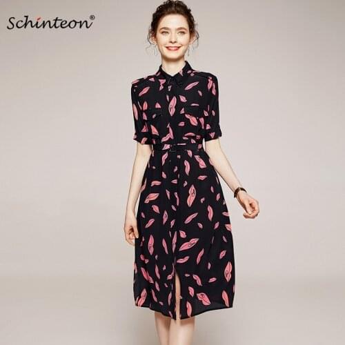 Schinteon 100% Real Silk CREPE Print Dress Turn-Down Polo Collar A-Lined Sash Office Lady Dress for Women 2020 Summer