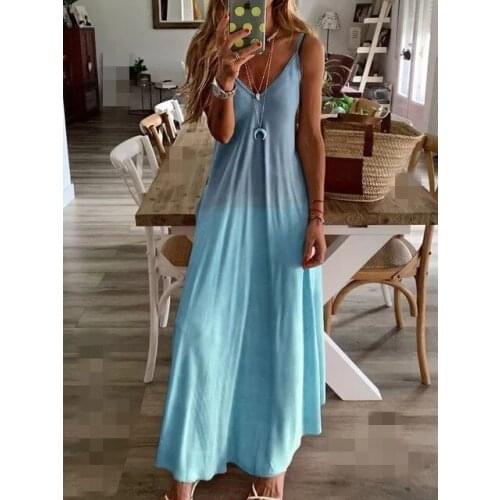 2021 Summer Womens Casual Sleeveless Camisole Dress Gradient Printed Wide V-neck Long Vest Long Dress Sexy XL Womens Clothing