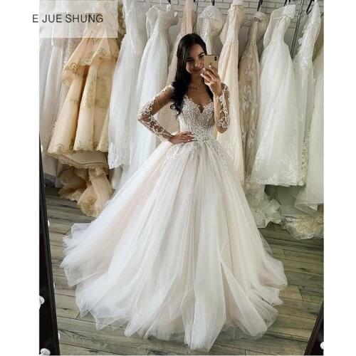 E JUE SHUNG White Vintage Lace Appliques Wedding Dresses Long Sleeves Luxury Bridal Dresses vestidos de novia