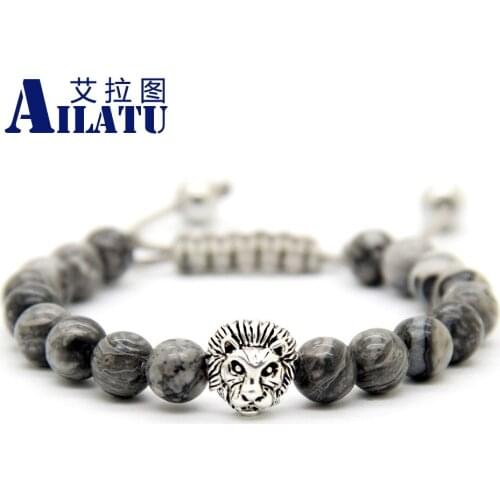 Ailatu 10 Pieces Men Jewelry Wholesale 8mm Grey Picture Stone Beads Macrame Lion Head Bracelets