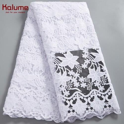 Kalume White Lace Fabric Wedding African Nigerian Tulle Milk Silk Beautiful Lace Sequins 5 Yards 2021 For Diy Dress Sewing H2563