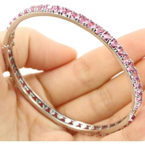 3x3mm Gorgeous Created Pink Tourmaline Womans Jewelry Daily Wear Silver Bracelet Bangle 7.5inch