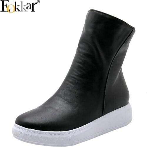 Eokkar 2020 Women Ankle Boots Pu Leather Wedge Heel Round Toe Mid Heelzipper Winter Boots Shoes Ladies Boots Big Size 34-40