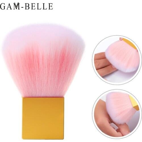 GAM-BELLE 1 Pc Pink Fur Nail Dust Brush Yellow Square Handle Nail Powder Cleaning Brushes Manicure Accessories Makeup Tool