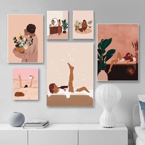Canvas Printed Girl in Bed With Coffee Boho Wall Art Poster Painting Modern Home Decor Modular Pictures No Frame For Living Room