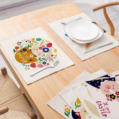 Tableware Mat Polyester Linen Placemat Rabbit Flower Print For Kitchen Dining Table Waterproof Coaster Pad Home Decor 30*40cm/pc