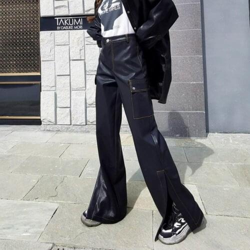 Fashion DJ Full Length Pu Leather Pants Female Was Thin Split stitching design Faux Leather Pants With Pockets F2612