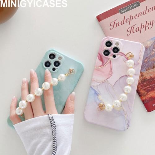 Fashion Marble Silicon Cases for iphone 12 Pro Max Mini Xr Xs 11 Pro Max 7 8 Plus X SE 2020 Soft Cover with Pearl Bracelet Chain