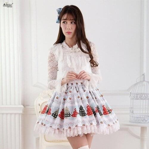 Fashion Lolita Style Blue Polyester Lace Sweet Christmas Tree Pattern Printed Lolita Princess Puff Skirts