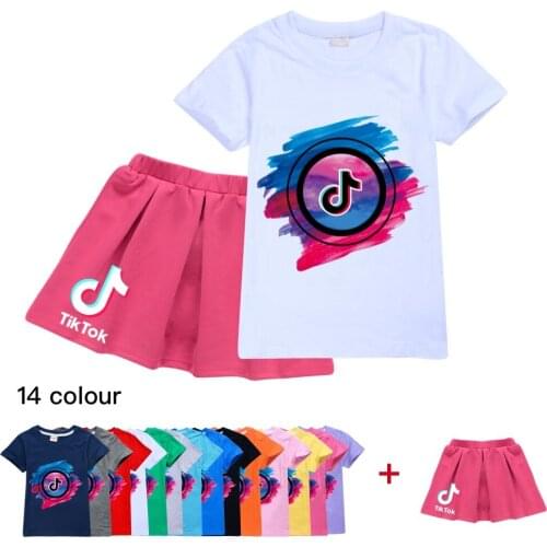 TIK TOK Fashion Girls' Clothing Set Summer Short Sleeve Top T-Shirt + Skirt 2 Piece Childrens Set