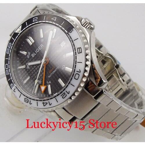 BLIGER 41mm Watch Male Men Wristwatch Dress GMT Movement Stainless Steel Bracelet Date Function Black Dial Ceramic Insert