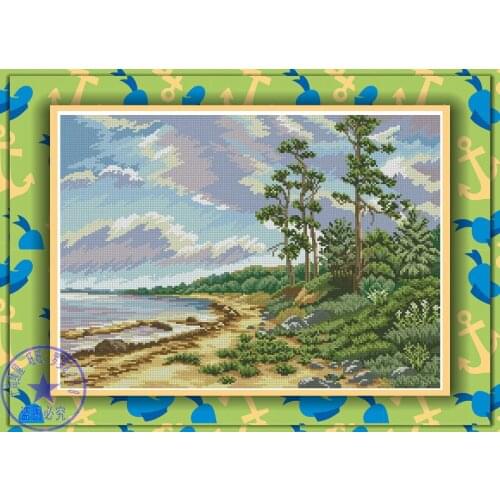 Top Quality lovely beautiful counted cross stitch kit trees forest tree on seaside spring blue sky
